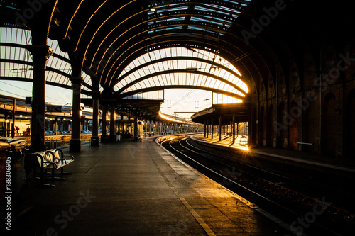 The inside of York train station in the evening.