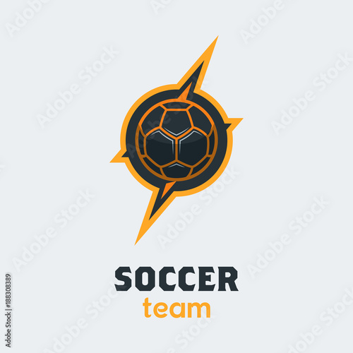 Soccer Football Logo Template. Modern Sport Ball Emblem inside Thunderbolt on a Light Background