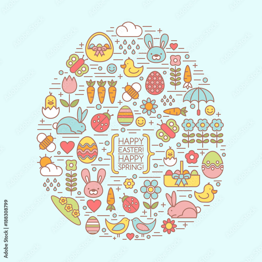 Flat outline easter and spring icons within an easter egg shape. 