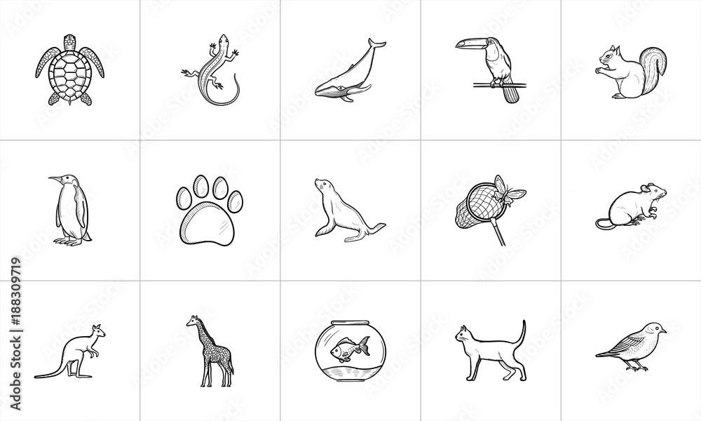 Naklejka premium Animals sketch icon set for web, mobile and infographics. Hand drawn Animals vector icon set isolated on white background.