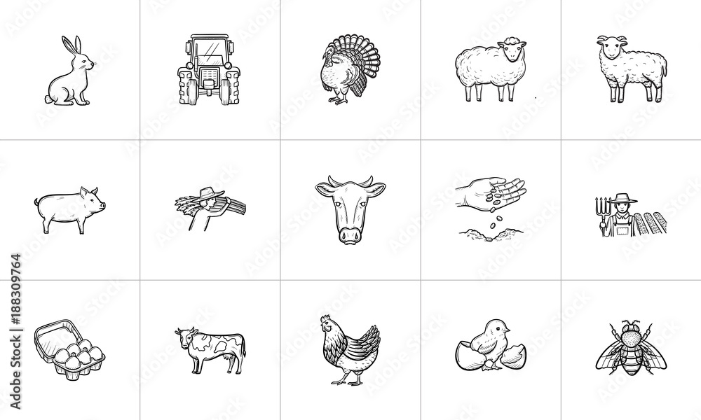 Farm animals sketch icon set for web, mobile and infographics. Hand drawn Farm  animals vector icon set isolated on white background. Stock Vector | Adobe  Stock