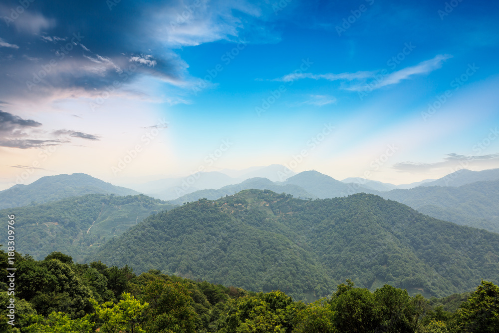 Obraz premium mountain valley fog and clouds landscape at sunset,china