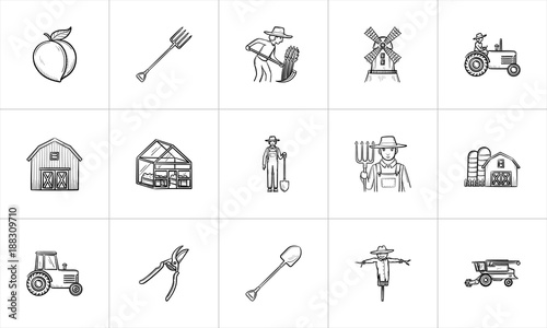 Agriculture sketch icon set for web, mobile and infographics. Hand drawn Agriculture vector icon set isolated on white background.