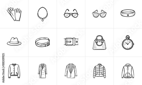 Clothing and accessory sketch icon set for web, mobile and infographics. Hand drawn Clothing and accessory vector icon set isolated on white background.
