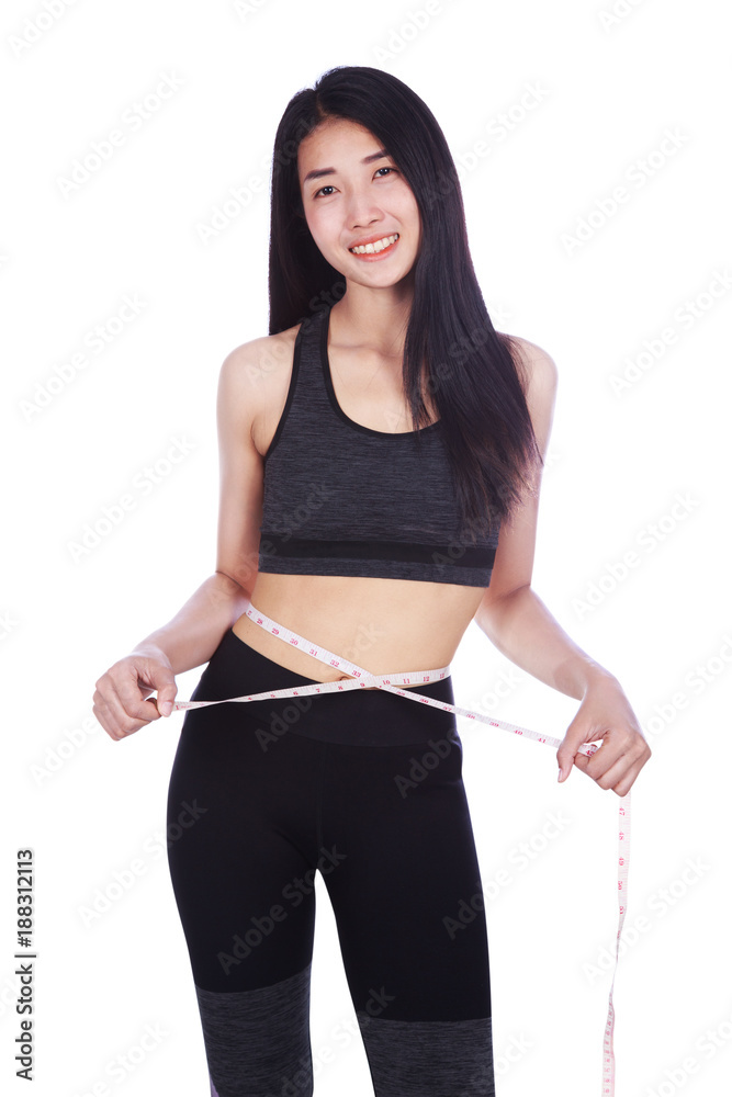 woman measuring waist with tape isolated on white background woman measuring waist with tape isolated on white background