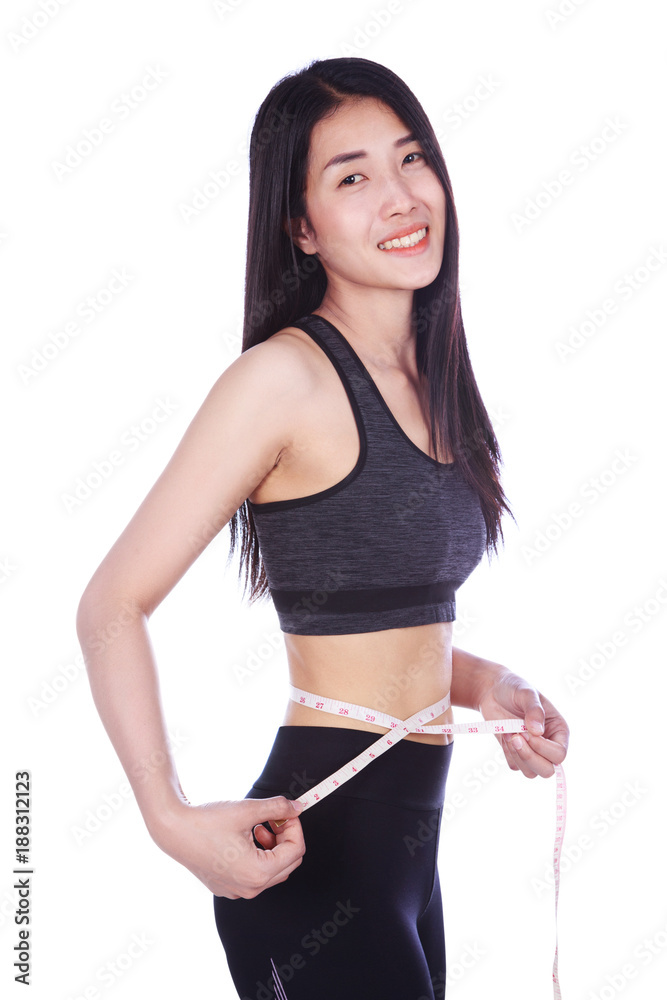 woman measuring waist with tape isolated on white background woman measuring waist with tape isolated on white background