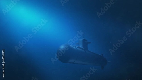 Modern Military Submarine passes by the camera in the ocean ALT photo