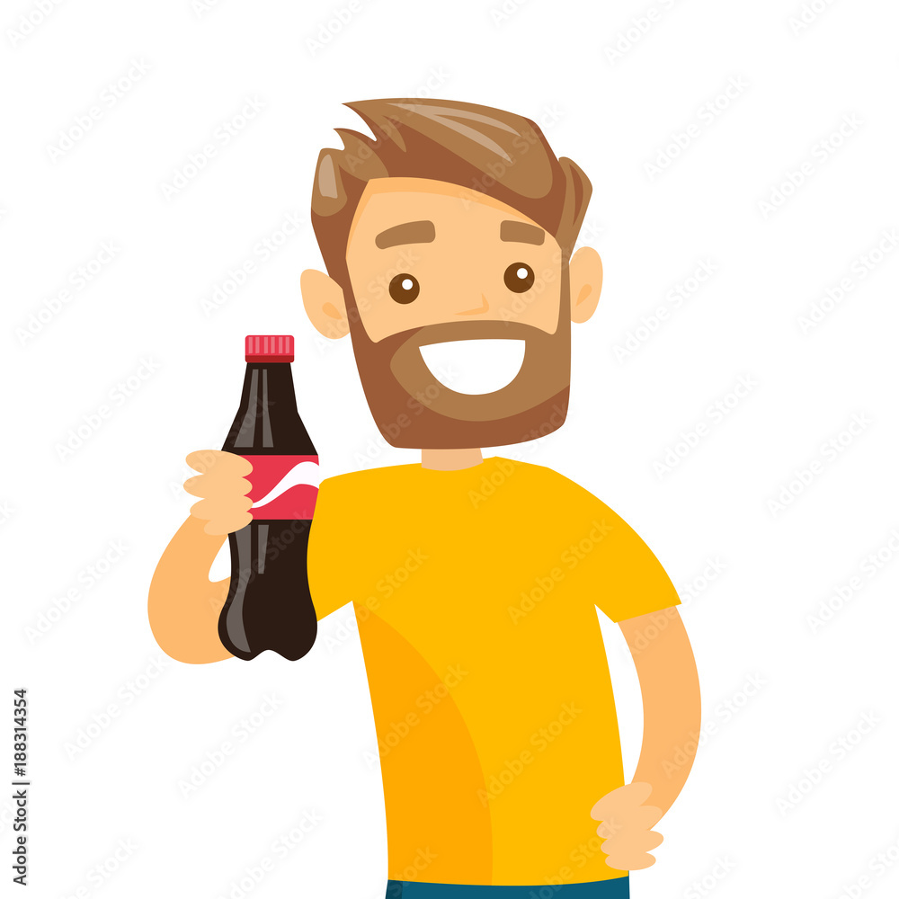 Young caucasian white hipster man with beard holding fresh soda beverage in a bottle. Cheerful man with soda in hand. Vector cartoon illustration isolated on white background.