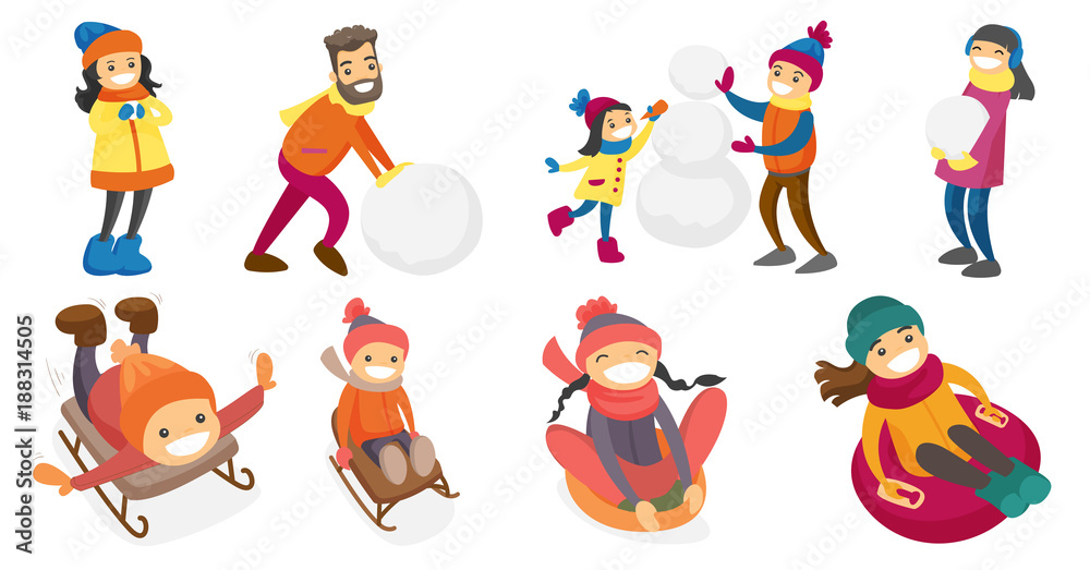 Caucasian white people playing in snow set. Kids and adults building a snowman, enjoying a sleigh ride, sledding down on rubber tube. Set of vector cartoon illustrations isolated on white background.