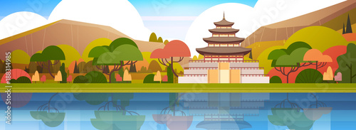 Beautiful South Korea Landscape Traditional Palace Or Temple Over Mountains Korean Famous Landmark View Flat Vector Illustration