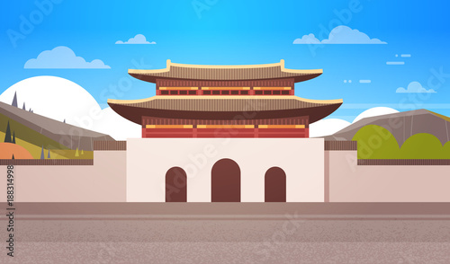 Canvas Print Korea Temple Landscape South Korean Palace Over Mountains Famous Asian Landmark