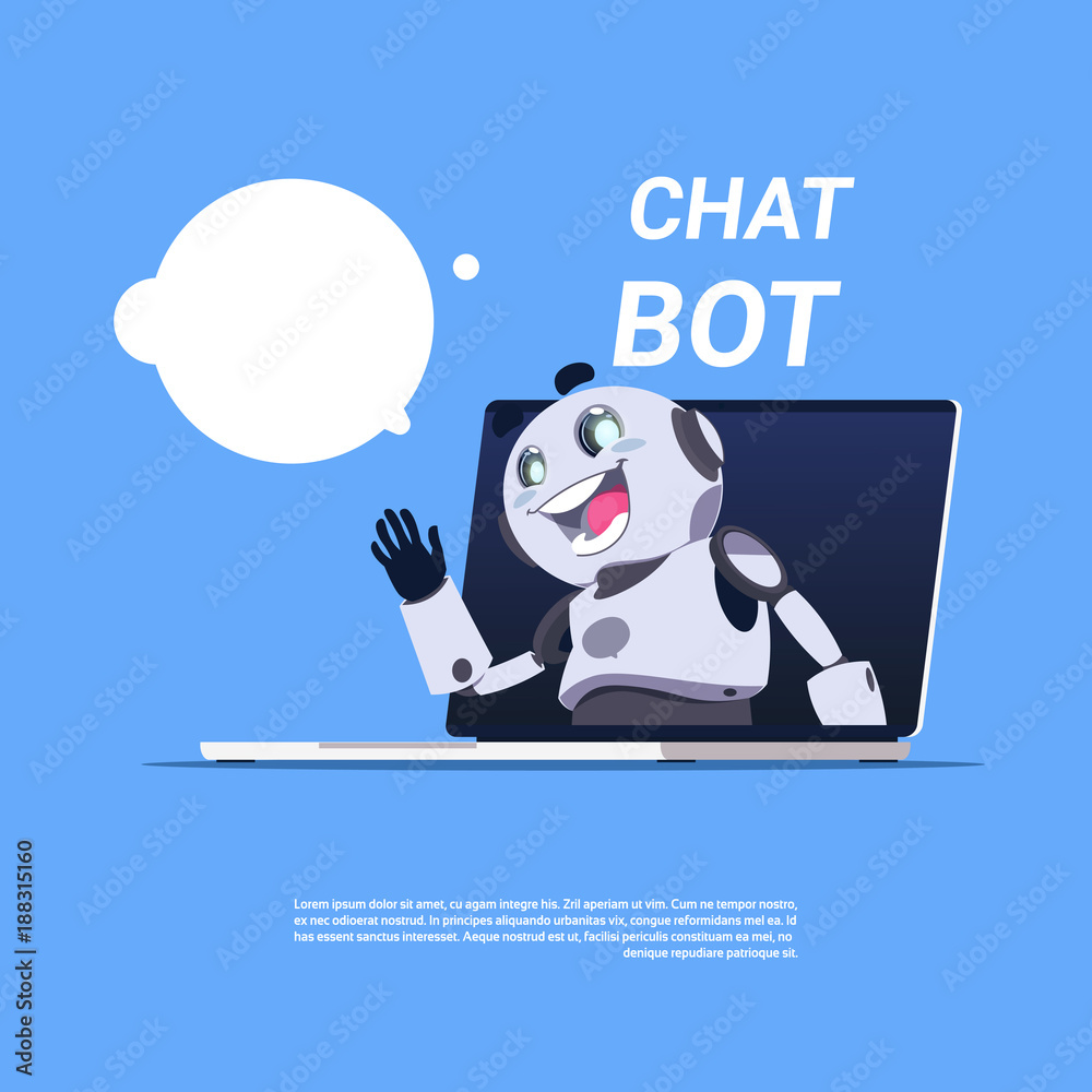 Chat Bot Service Cute Robot In Laptop Computer Template Banner With Copy Space, Chatter Or Chatterbot Technical Support App Concept Flat Vector Illustration