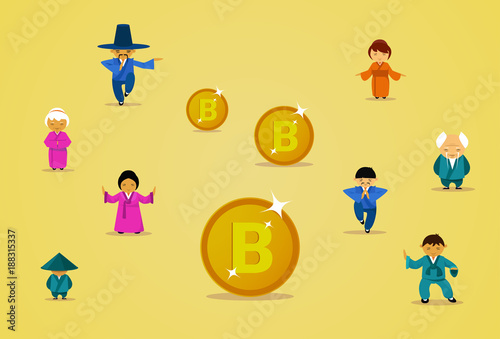 Bitcoin Mining Technology Group Of Asian People In Traditional Clothes With Golden Bit Coins Cryptocurrency Digital Web Money Concept Flat Vector Illustration