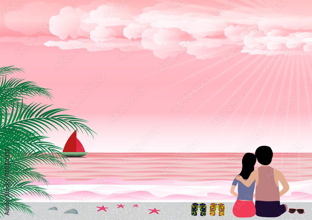 Man and woman in love with summer beach in the seashore. background vector valentines day concept