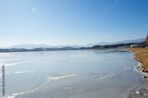 Idyllic frozen lake of Gyeongpo, Gangneung, Pyeongchang in South Korea