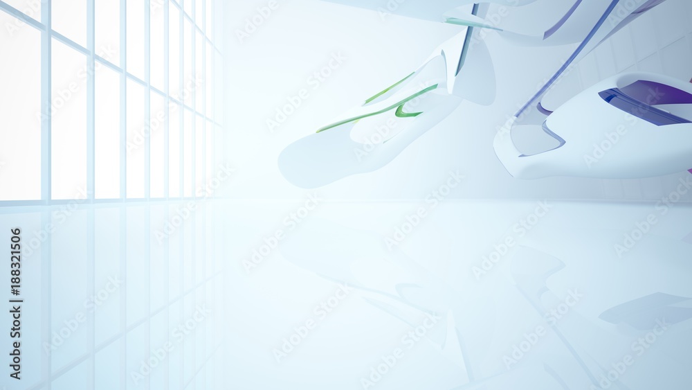 Naklejka premium Abstract white and colored gradient glasses interior with window. 3D illustration and rendering.