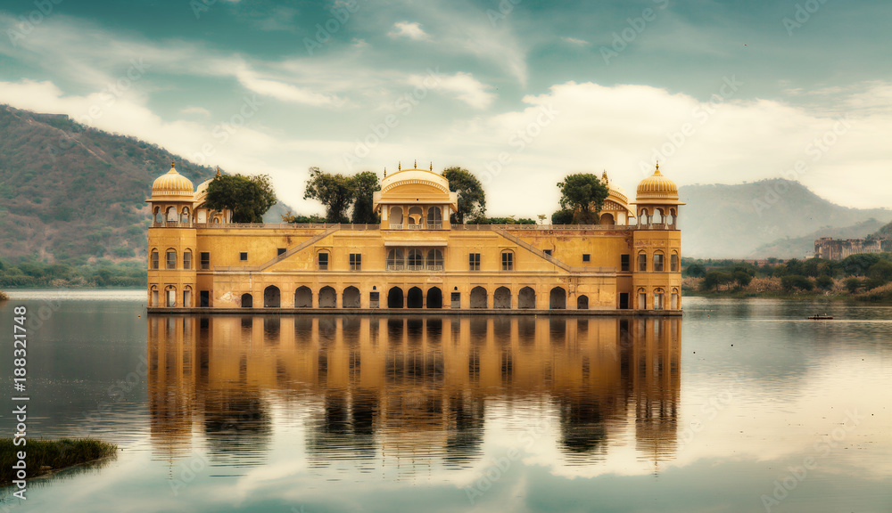 Water palace known as Jal Mahal at Jaipur Rajasthan with scenic landscape.	