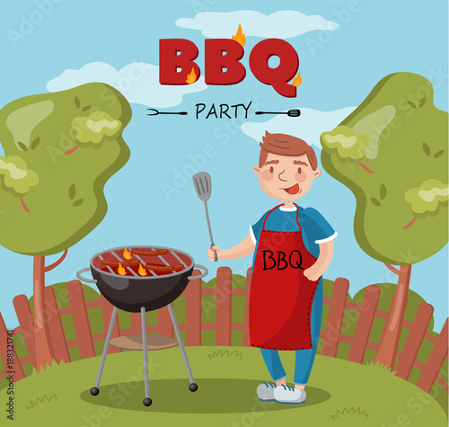 Young man cooking barbecue on the backyard n summer vacation, BBQ party vector Illustration with flaming grill