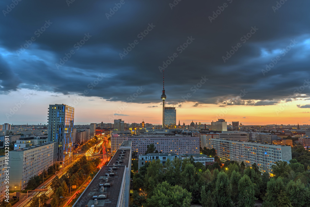 Dramatic sunset in Berlin, Germany, with the famous Television Tower