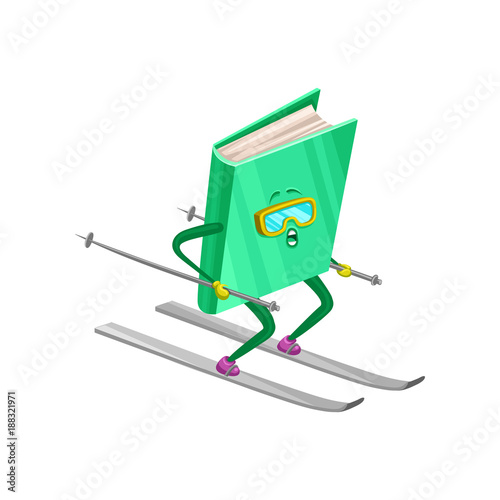 Funny humanized book character skiing on a slope cartoon vector Illustration