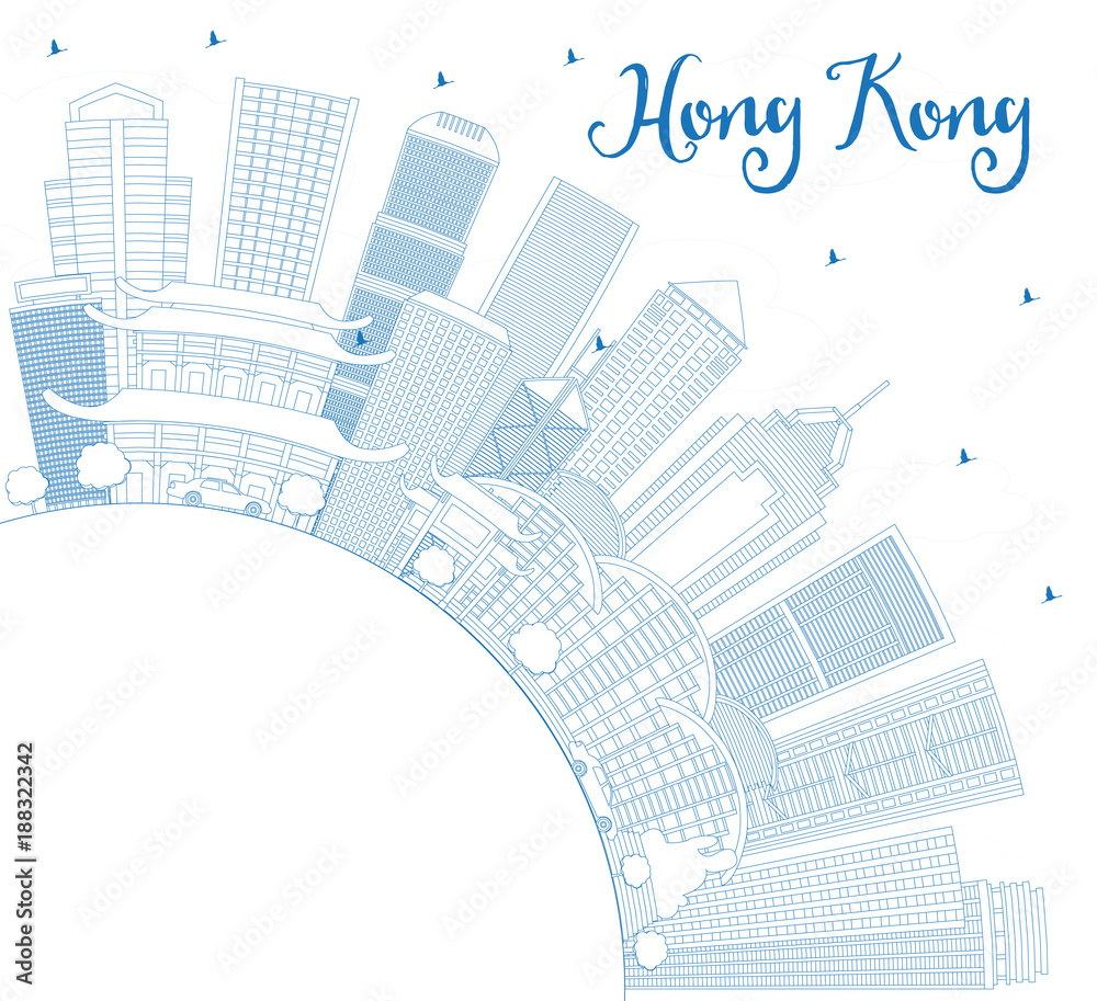 Outline Hong Kong China Skyline with Blue Buildings and Copy Space.