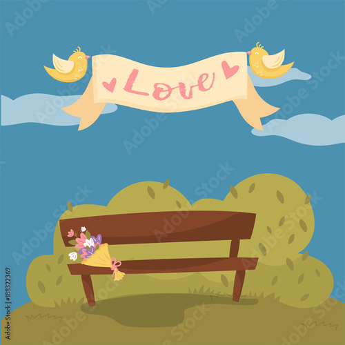 Fototapeta Naklejka Na Ścianę i Meble -  Wooden bench in the park, pair of flying birds holding ribbon banner with word Love cartoon vector Illustration, design element for poster or banner