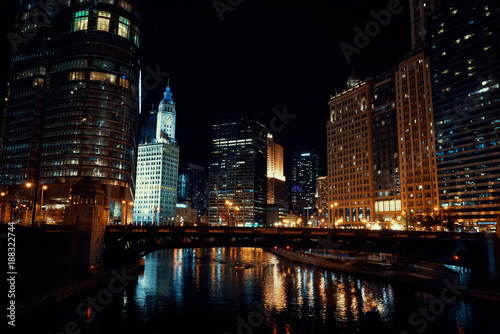 The Chicago River at Night Showing Clock Tower and Buildings