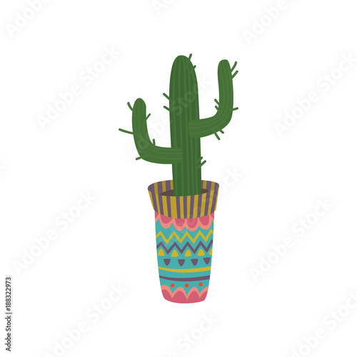 Cactus in a colorful pot with Mexican ornament cartoon vector Illustration