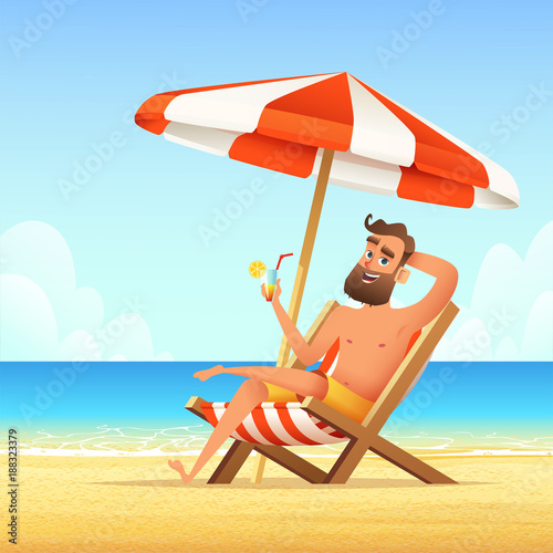 Beard man sitting on a sunbed on the beach. Happy smiling male relaxing on a chaise-longue and drink cocktail. Vector cartoon illustration.