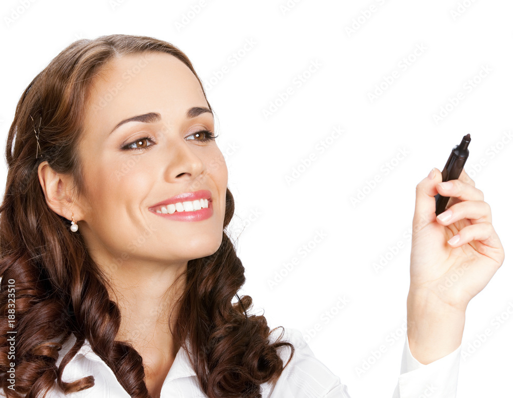 Businesswoman writing or drawing on screen, isolated Businesswoman writing or drawing on screen, isolated