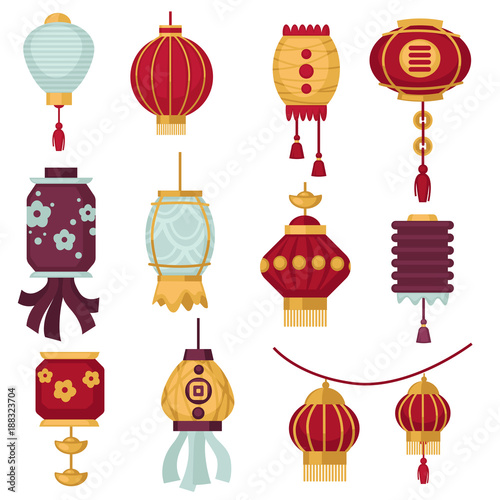 Chinese paper lanterns traditional China decorations for New Year vector isolated icons with patterns