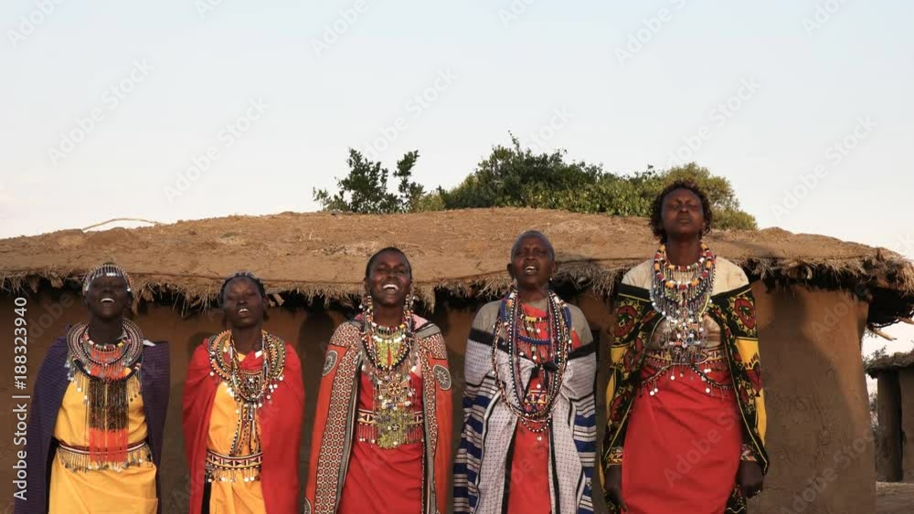 wide shot of five maasai women in traditional dress singing and dancing in a village near maasai mara, kenya