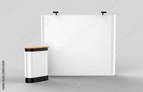 Exhibition Tension Fabric Display Banner Stand Backdrop for trade show advertising stand with LED OR Halogen Light with pop up counter.. 3d render illustration.