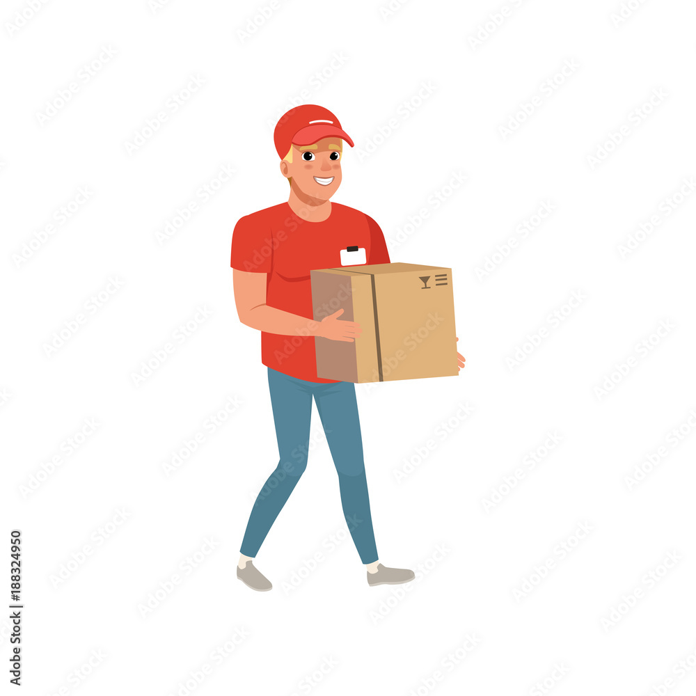 Cartoon delivery man carrying cardboard box. Smiling courier character in working uniform red t-shirt, cap and blue jeans. Post office worker. Flat vector design Cartoon delivery man carrying cardboard box. Smiling courier character in working uniform red t-shirt, cap and blue jeans. Post office worker. Flat vector design
