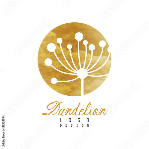 Fototapeta Naklejka Na Ścianę i Meble -  Dandelion logo design template. Gentle golden texture. Abstract icon of wild flower. Luxury vector label for fashion boutique or natural cosmetics product