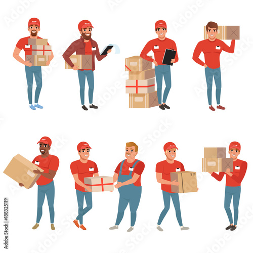 Set of postal workers in different poses. Courier or delivery service. Men characters with parcels packages boxes. Cheerful people in red uniform. Flat vector design
