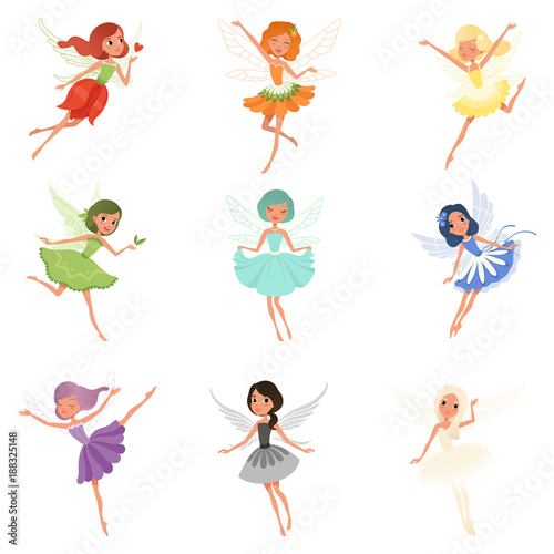 Colorful set of fairies in flying action. Little creatures with colorful hair and wings. Mythical fairy tale characters in cute dresses. Flat vector design