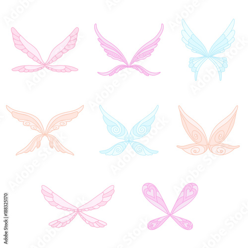 Vector collection of pink, blue and purple fairy s magic wings. Decorative elements for children s book, postcard, print design. Colorful flat vector icons