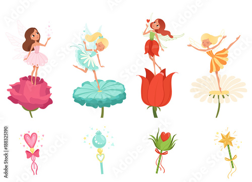 Set of little fairies hovering over beautiful flowers. Cartoon girls dressed in colorful dresses. Cute magical creatures with wings. Magic wands. Flat vector design