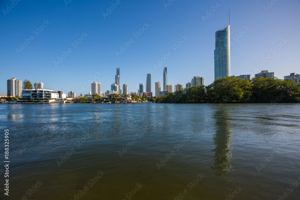 Gold Coast, Queensland/Australia - 15 January 2018: View across the Nerang River towards the Surfers Paradise skyline from the Isle of Capri.