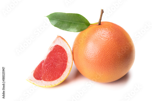 Canvas-taulu pair, slice and whole grapefruit with green leaf isolated on white with shadow