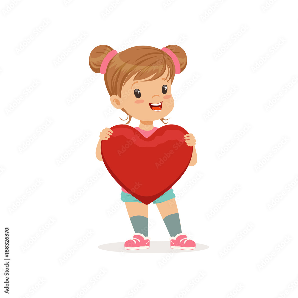 Obraz premium Sweet little girl holding red heart, Happy Valentines Day concept, love and relationships vector Illustration