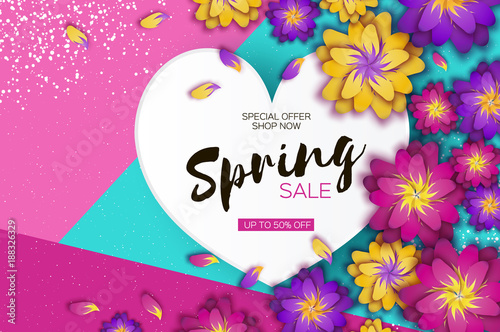 Bright Origami Spring Sale Flowers Banner. Paper cut Exotic Tropical Floral Greetings card. Spring blossom. Love Heart frame. Happy Women's Day. 8 March. Text. Seasonal holiday. Trendy decor.