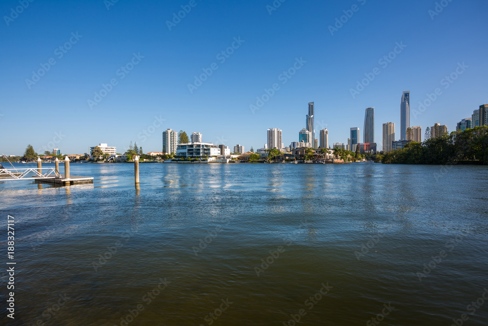 Gold Coast, Queensland/Australia - 15 January 2018: View across the Nerang River towards the Surfers Paradise skyline from the Isle of Capri.