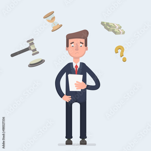 Sad broken businessman standing with legal paper or bill in hands. Afraid of sentence or prosecution due to business debts or braking law. Crisis bankruptcy concept.