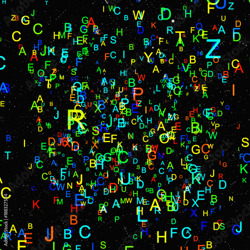 Abstract colorful alphabet fly on black background