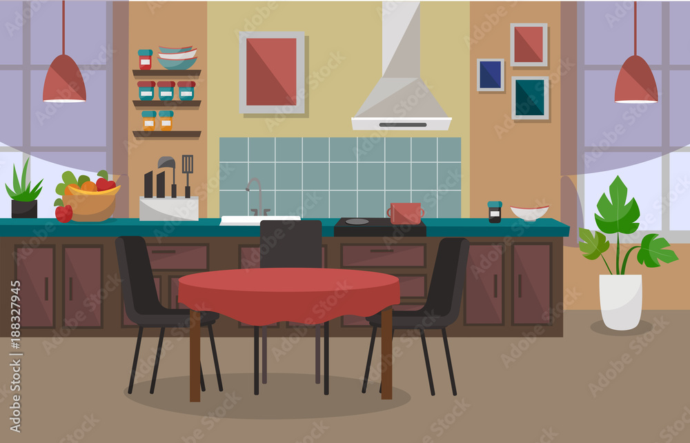 Fototapeta premium The modern kitchen interior. Vector illustration.
