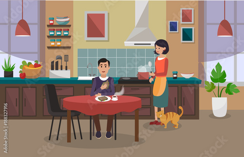 The woman is cooking, and the man is having lunch. Kitchen interior. Vector illustration.