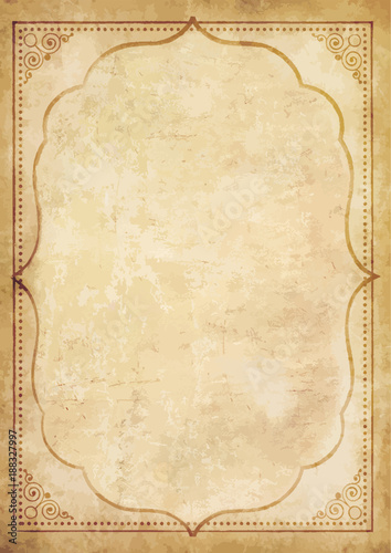 Old grungy vintage paper blank with curly oriental frame ornament.