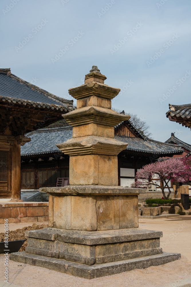 Naklejka premium Three-story stone pagoda in Tongdosa Temple (Korea Treasure No. 1471)